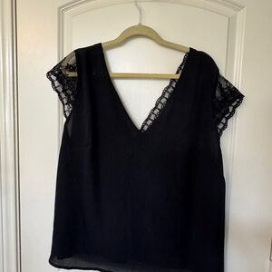 Black Lace Trim V-Neck Top